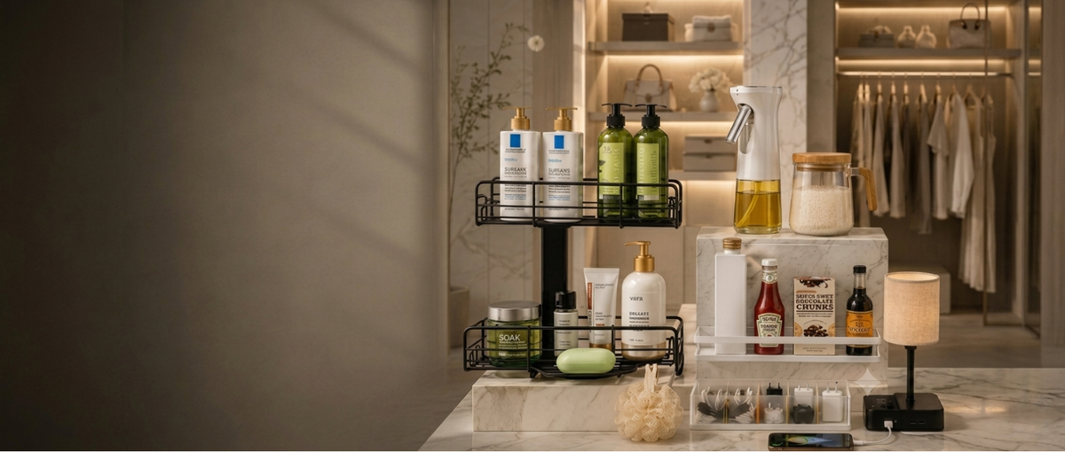 A neatly organized modern countertop setup in a luxury home setting, displaying a mix of bath skincare bottles on a black two-tier rack alongside kitchen condiments, a jar of rice, an oil dispenser, and a small desk lamp.